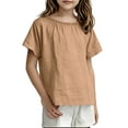 thumbnail image 1 of Girls Linen Tops Short Sleeve T-shirts Solid Color Casual Summer Cozy Tees Loose Fit Crew Neck Tshirts (2-3 Years, Khaki), 1 of 7