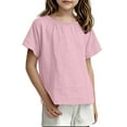 thumbnail image 1 of Girls Linen Tops Short Sleeve T-shirts Solid Color Casual Summer Cozy Tees Loose Fit Crew Neck Tshirts (2-3 Years, Pink), 1 of 7