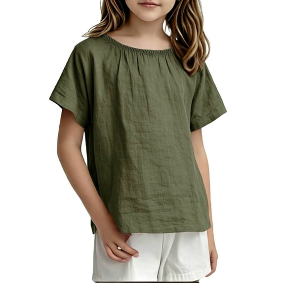 Girls Linen Tops Short Sleeve T-shirts Solid Color Casual Summer Cozy Tees Loose Fit Crew Neck Tshirts (6-7 Years, Army Green)