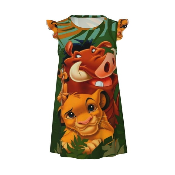 Girls Lion Kin Graphic Flutter Sleeve Soft Fabric Casual Dress for Home Sleep Dress Party Outdoor