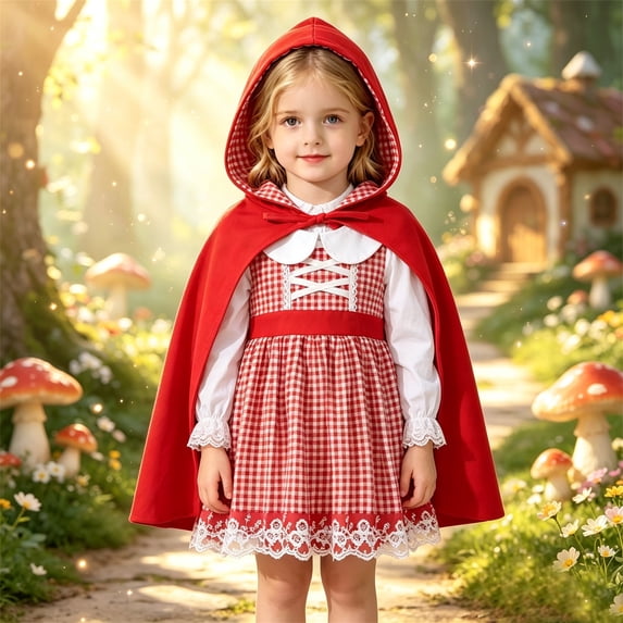 Girls Little Red Riding Hood 2Pcs Set Red Gingham Dress With Hooded Cape For Halloween Party Dress Up