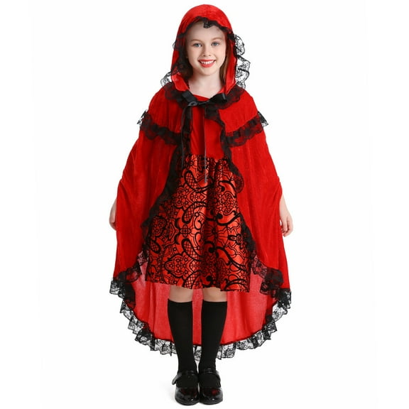 Girls Little Red Riding Hood Costume Dress Halloween Christmas Skirt with Cloak