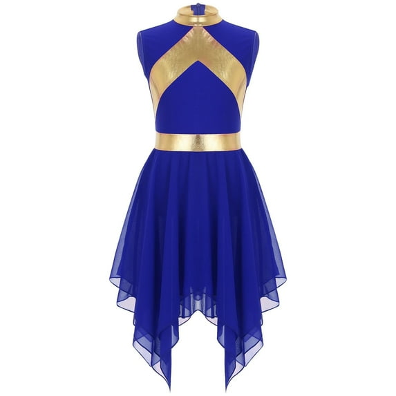 Girls Liturgical Praise Dance Dress Metallic Contrast Color Sleeveless Asymmetrical Hem Performance Costumes