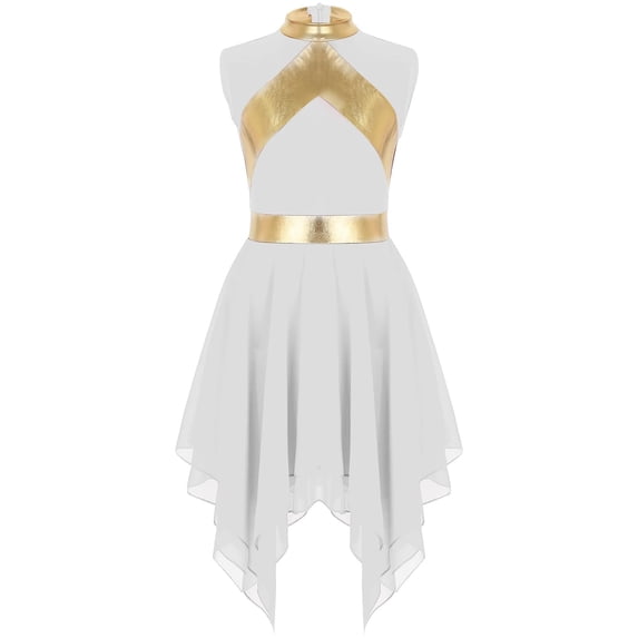 Girls Liturgical Praise Dance Dress Metallic Contrast Color Sleeveless Asymmetrical Hem Performance Costumes