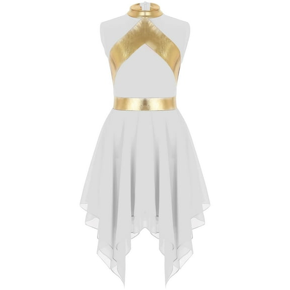 Girls Liturgical Praise Dance Dress Metallic Contrast Color Sleeveless Asymmetrical Hem Performance Costumes