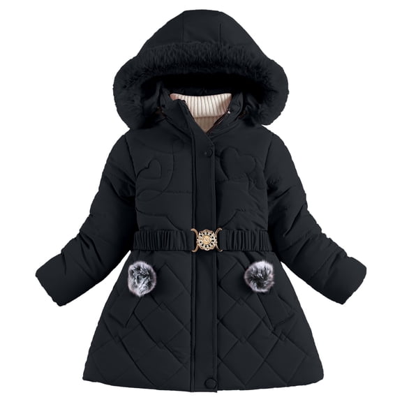 Girls Long Coat Winter Warm Thickened Downlike Jacket With Hood Windproof Outerwear For Toddler Kids,Size:5-6Years