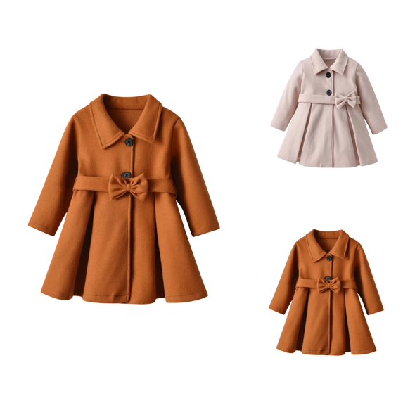 Girls Long Coat with Bow Detail, Thickened Warm Winter Jacket for Toddler Girls – Solid Color, Button-Front, Long Sleeve Outerwear for Fall & Winter