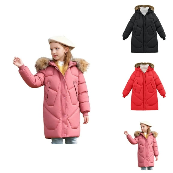 Girls Long Down Coat Thickened Hooded Jacket Windproof Outerwear for Big Kids Cold Weather
