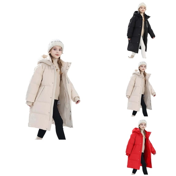 Girls Long Insulated Down Coat, Warm Winter Jacket with Removable Hood, Youth Cold Weather Puffer Parka, Full Zip Outerwear for Kids