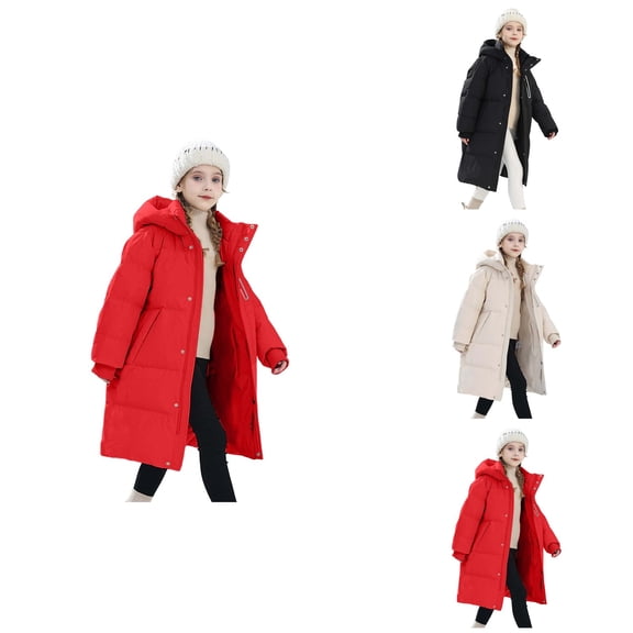 Girls Long Insulated Down Coat, Warm Winter Jacket with Removable Hood, Youth Cold Weather Puffer Parka, Full Zip Outerwear for Kids