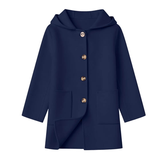 Girls Long Overcoat Single Breasted Hooded Fall Winter Fashion Jackets Thicken Thermal Casual Outwear with Pockets (4-5T, Navy)