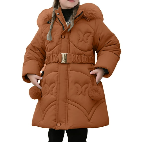 Girls Long Padded Winter Coat with Belt Thick Lined Warm Jacket Cozy Insulated Outerwear for Cold Weather