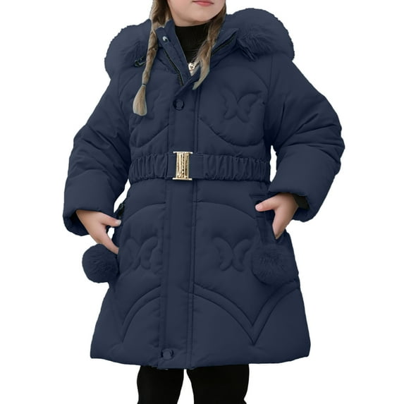 Girls Long Padded Winter Coat with Belt Thick Lined Warm Jacket Cozy Insulated Outerwear for Cold Weather