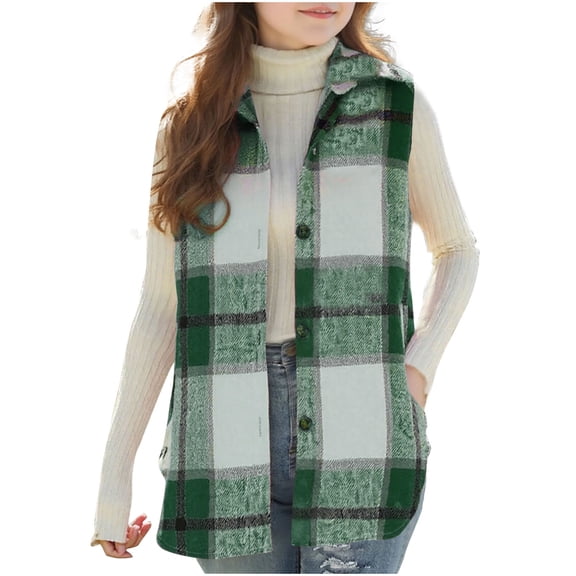 Girls Long Plaid Vest Casual Loose Button Sleeveless Jacket Kids Fashion Fall Winter Outwear with Pockets 4-15 Years