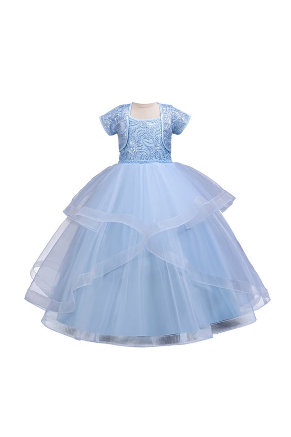 Girls Long Princess Dresses Gown Sleeveless Halter Strap Lace Princess Dresses with Cardigan Top 2Pcs/Set Party Ball Tulle Pageant Gowns for Evening, Wedding, Birthday,Size 4-14T