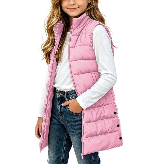 Girls Long Puffer Vest Stand Collar Sleeveless Quilted Padded Gilet Zipper Outerwear Waistcoat with Pockets for Kids