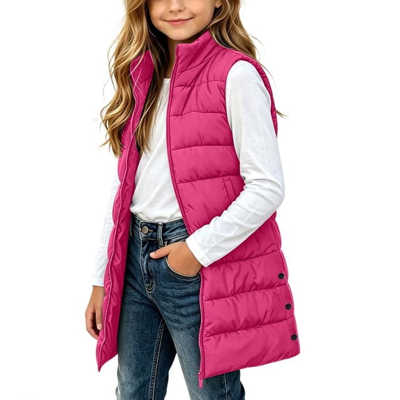 Girls Long Puffer Vest Stand Collar Sleeveless Quilted Padded Gilet Zipper Outerwear Waistcoat with Pockets for Kids