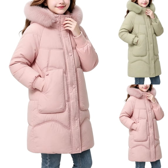Girls Long Puffer Winter Coat Kid's Soft Warm Jacket Girls Down Coat with Hood Outerwear Long Sleeve Parka Full Zip Coats 5-15 Years