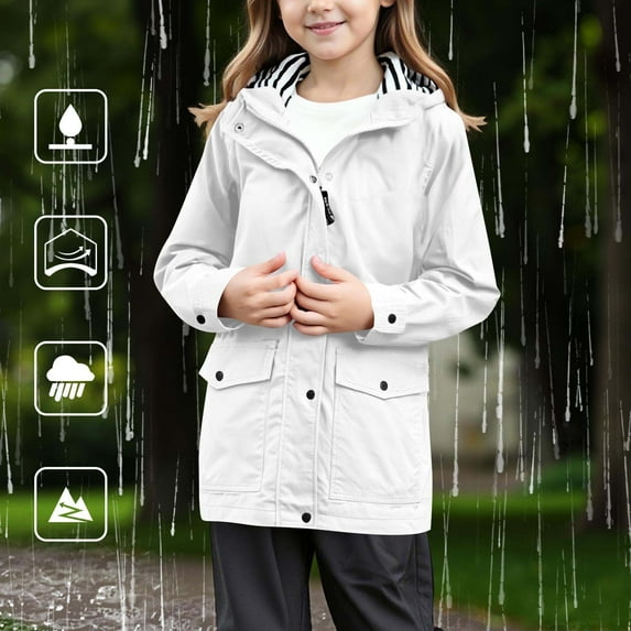 Girls Long Rain Jacket Waterproof Raincoat Kids Outdoor Lightweight Hooded Windbreaker Jacket for Hiking Camping White 13Y