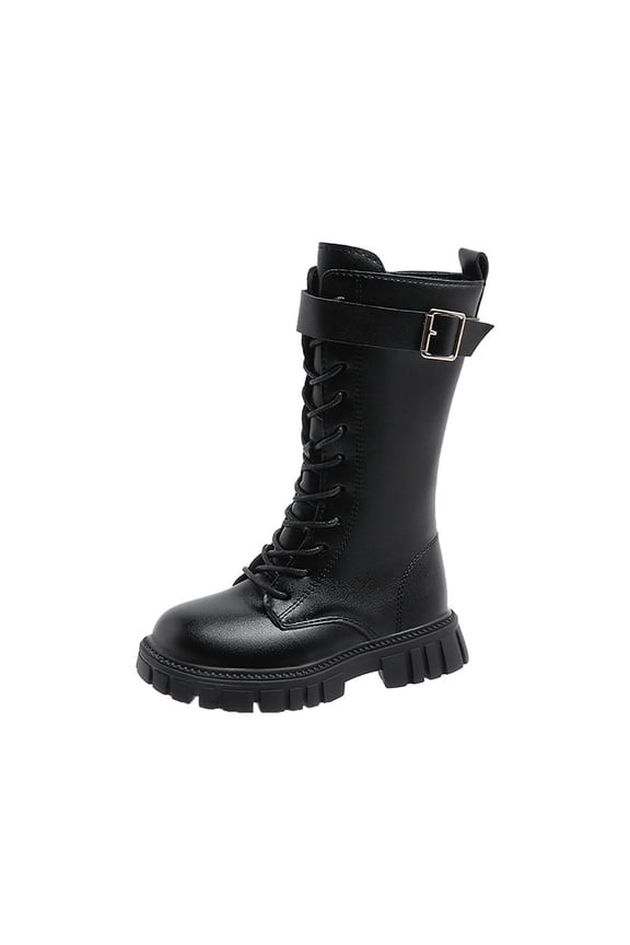 Girls Long Riding Boots Fashion Buckle Strap Lace up Mid Calf Combat Boots Comfy Waterproof Leather Round Toe Winter Booties Black 3.5 Big Kid