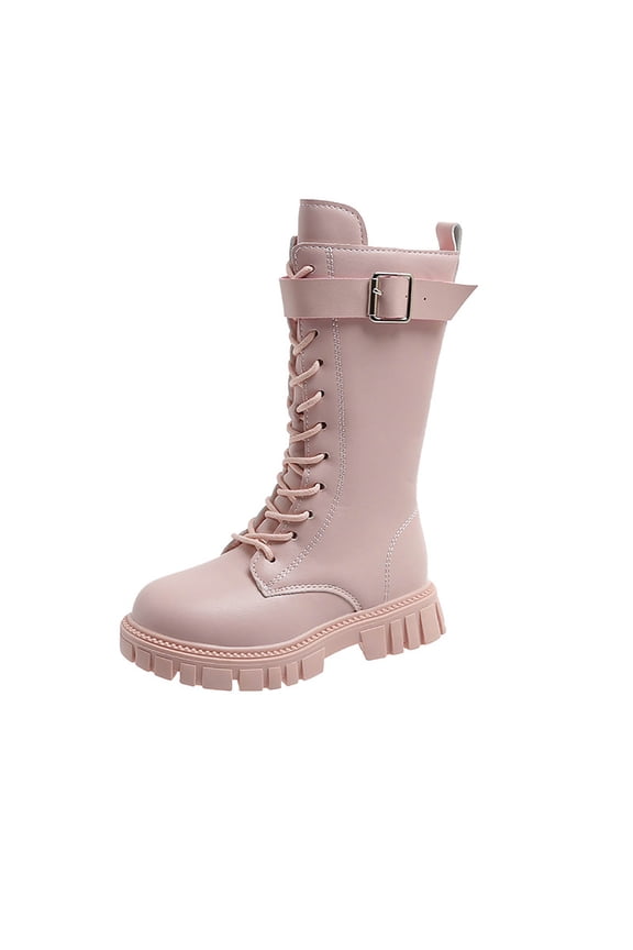 Girls Long Riding Boots Fashion Buckle Strap Lace up Mid Calf Combat Boots Comfy Waterproof Leather Round Toe Winter Booties Pink 11.5 Little Kid