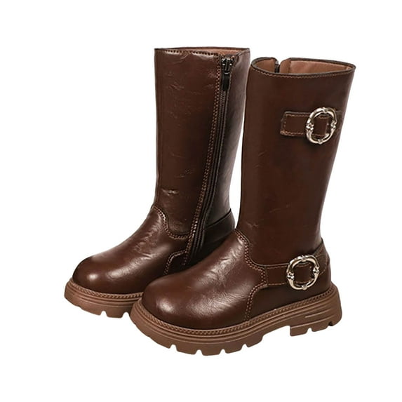 Girls Long Riding Boots Vintage Buckle Leather Platform Lug Sole Casual Dress Knee High Zipper Winter Booties Brown 9 Toddler