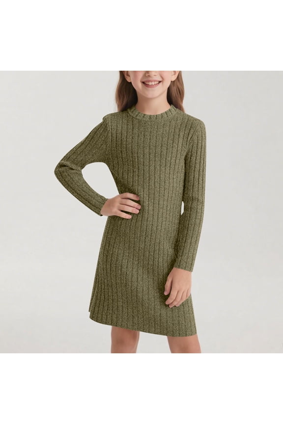 Girls Long Sleeve A-Line Sweater Dress Soft Stretch Knit Midi Skirt Casual Fall Winter Spring Daily Wear