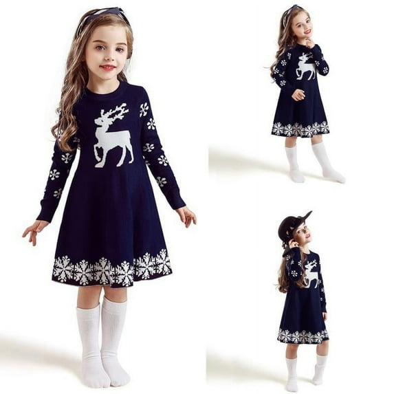Girls Long Sleeve Autumn Winter Knit Sweater Christmas Dress Casual Wear