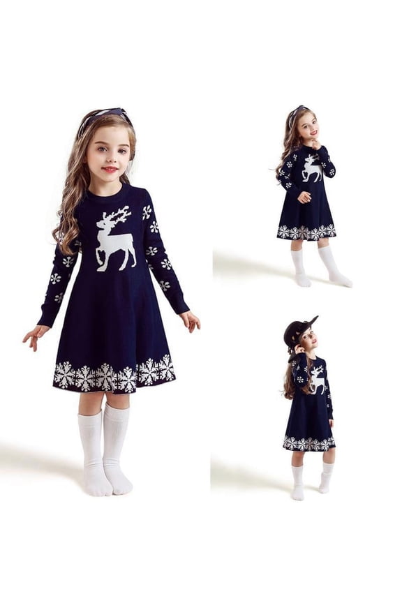 Girls Long Sleeve Autumn Winter Knit Sweater Christmas Dress Casual Wear