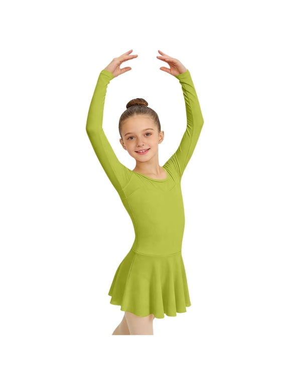 Girls Long Sleeve Ballet Leotard Dress with Skirt Nylon Spandex Dance Gymnastics Activewear Green,Size 3-4 T