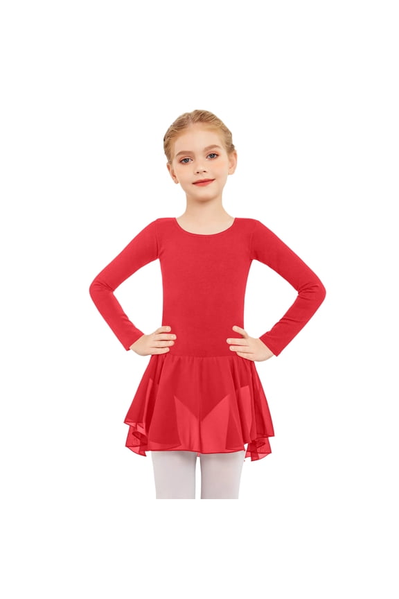 Girls Long Sleeve Ballet Leotards Tutu Dress Crisscross Back Dance Dress Toddler Ballerina,Red 5-6Y
