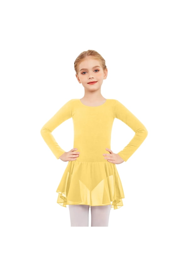 Girls Long Sleeve Ballet Leotards Tutu Dress Crisscross Back Dance Dress Toddler Ballerina,Yellow 3-4Y