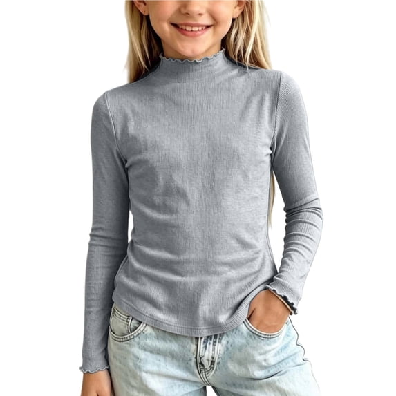 Girls Long Sleeve Base Layer Top Ruffle Mock Neck Soft Knit Pullover Shirt for Kids Fall Winter Casual Daily Layering 7-8Y