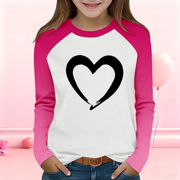 Girls' Long Sleeve Baseball Shirt with Heart Graphic, Pink and White Raglan Top, Soft Poly Spandex Everyday Play Tee,Size 14 T