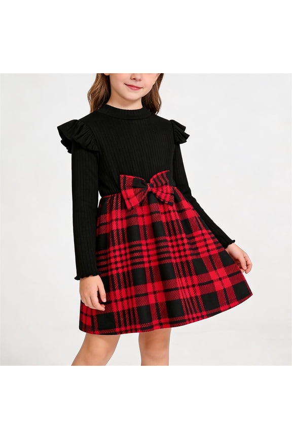 Girls Long Sleeve Black Red Plaid Dress with Bow, Sweet Casual Party Holiday Knit Spliced Dress for Kids 4 5 6 7 8 9 Years,Size 4-5 T
