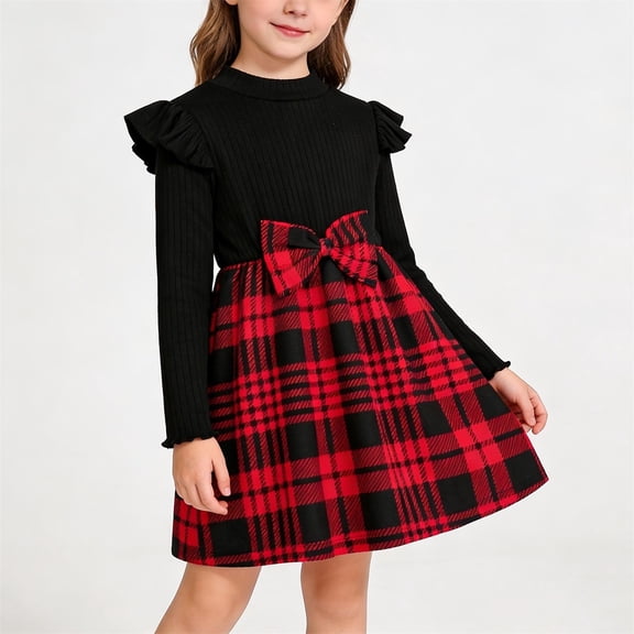 Girls Long Sleeve Black Red Plaid Dress with Bow, Sweet Casual Party Holiday Knit Spliced Dress for Kids 4 5 6 7 8 9 Years,Size 7-8 T