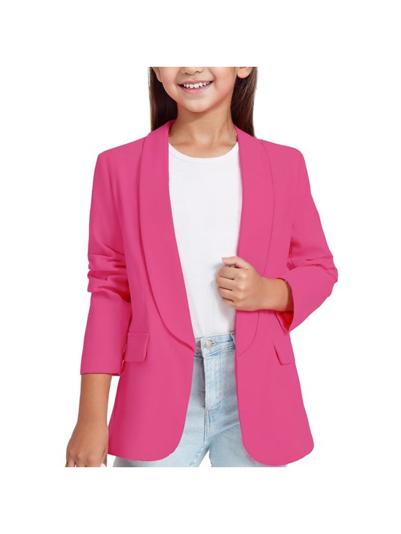 Girls' Long Sleeve Blazer Suit Jacket, Formal Open Front Coat with Inner Pocket, British Style Smart Outfit for Youngsters, Fashionable and Tailored Garment