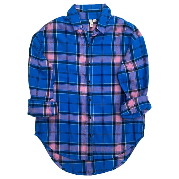 Girls Long Sleeve Blue Pink & Purple Plaid Flannel Button-Up Shirt Large (10-12)