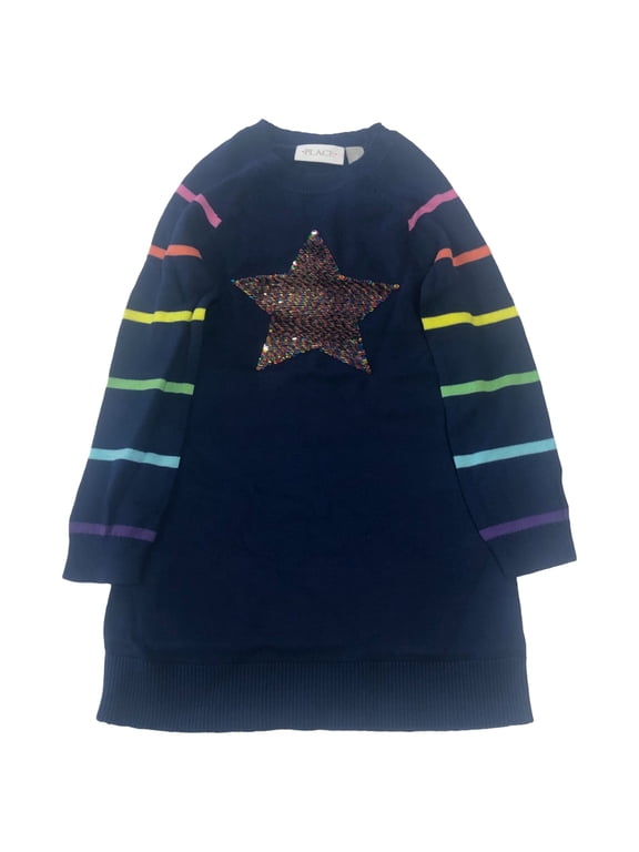 Girls Long Sleeve Blue Rainbow Star Flip Sequin Sweater Dress XS (4)