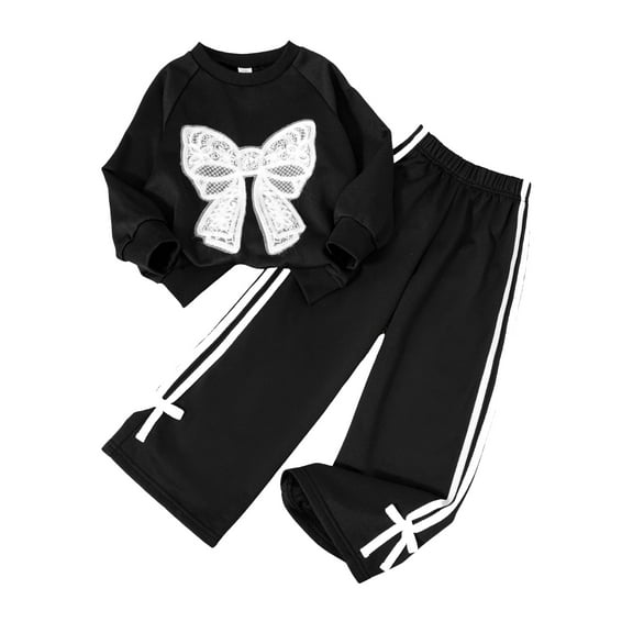 Girls Long Sleeve Bow Sweatshirt and Wide Leg Pants Set Fashionable Two Piece Outfit for Kids Casual Wear Comfortable Tracksuit (Black)