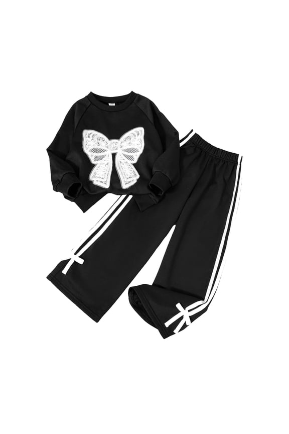 Girls Long Sleeve Bow Sweatshirt and Wide Leg Pants Set Fashionable Two Piece Outfit for Kids Casual Wear Comfortable Tracksuit (Black)