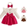 thumbnail image 1 of Girls Long Sleeve Bowknot Romper Bodysuits Dress Headbands Set, 1 of 4