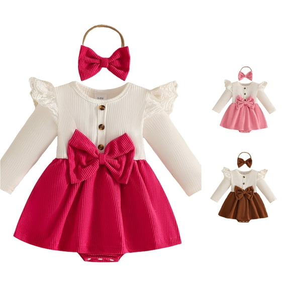 Girls Long Sleeve Bowknot Romper Bodysuits Dress Headbands Set