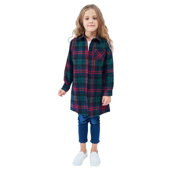 Girls' Long Sleeve Button Down Plaid Flannel Shirt Dress (Dark Blue 4-5 Years)