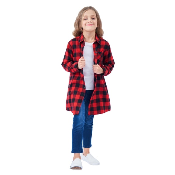 Girls' Long Sleeve Button Down Plaid Flannel Shirt Dress (Red 2-3 Years)