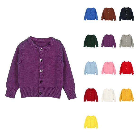 Girls' Long Sleeve Button-Front Knit Cardigan Sweater with Crew Neck for Toddlers 12M-6T