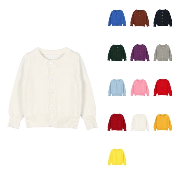 Girls' Long Sleeve Button-Front Knit Cardigan Sweater with Crew Neck for Toddlers 12M-6T