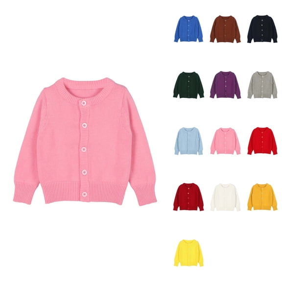 Girls' Long Sleeve Button-Front Knit Cardigan Sweater with Crew Neck for Toddlers 12M-6T