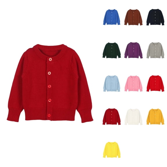 Girls' Long Sleeve Button-Front Knit Cardigan Sweater with Crew Neck for Toddlers 12M-6T