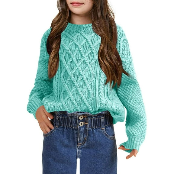 Girls Long Sleeve Cable Knit Sweater Crewneck Pullover Sweaters Kids Chunky Cute Fall Jumper Tops